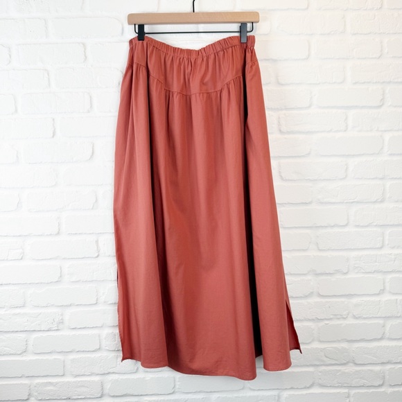 The Frock NYC Midi Skirt Rust Salmon Elastic Waist Side Slits Pockets Large - Picture 1 of 8